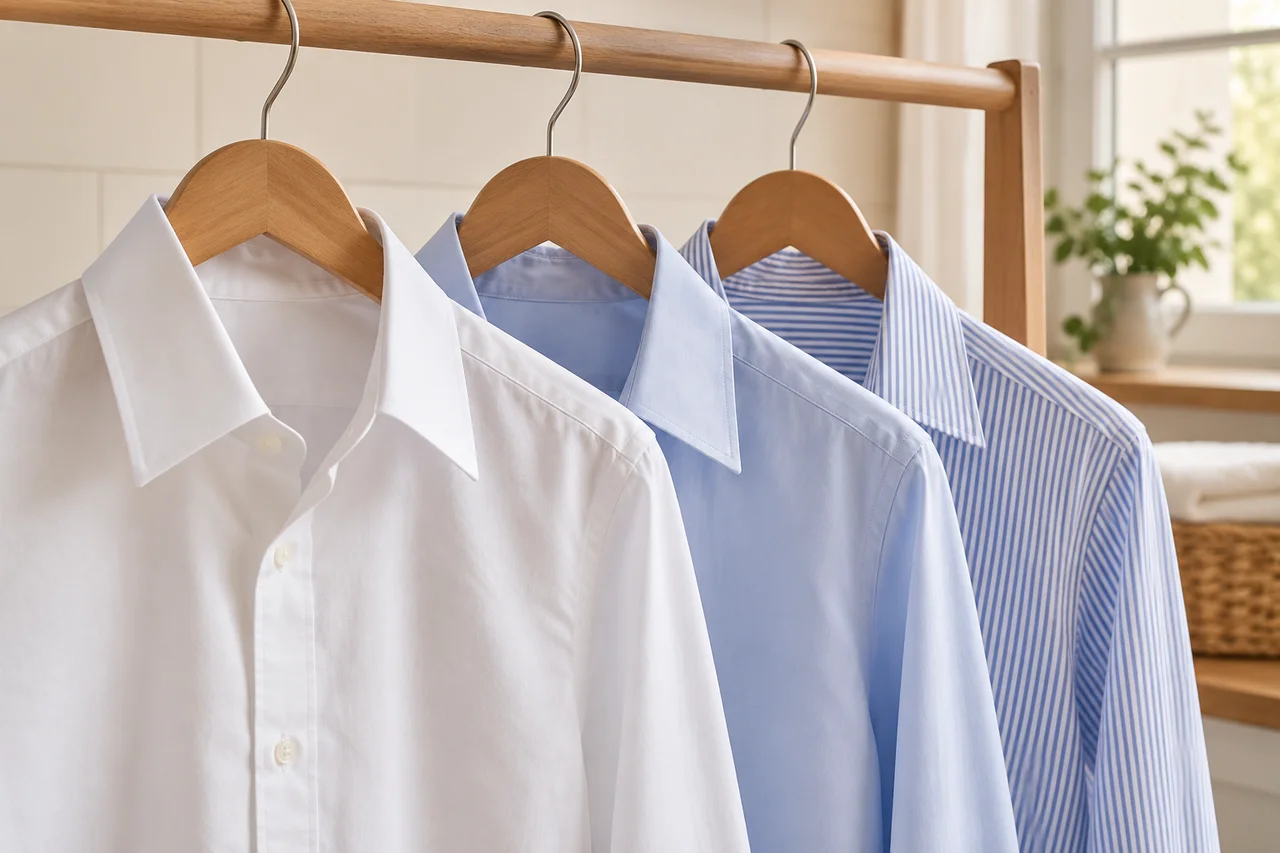 Freshly pressed white, blue and striped shirts on wooden hangers